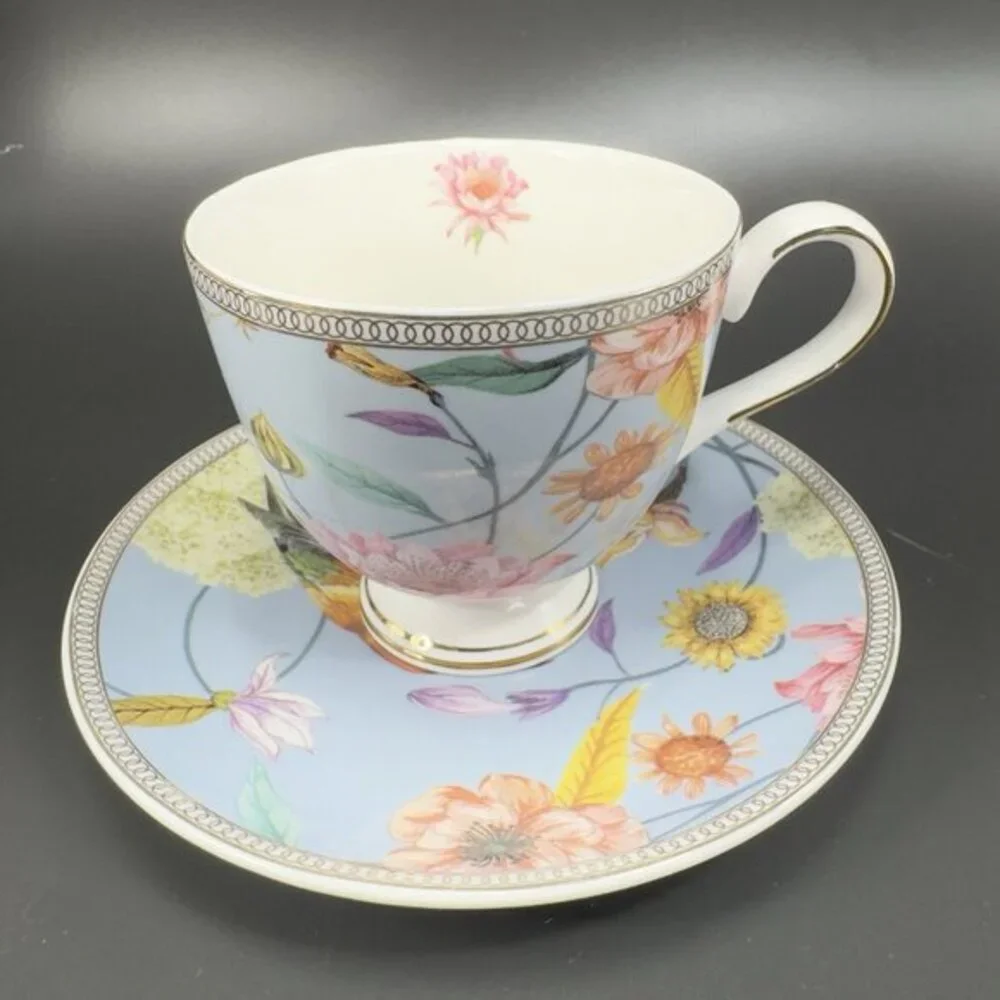 Shabby Chic Fine Porcelain Teacup And Saucer‎ Set Tea Cup Plate Blue Floral Bird